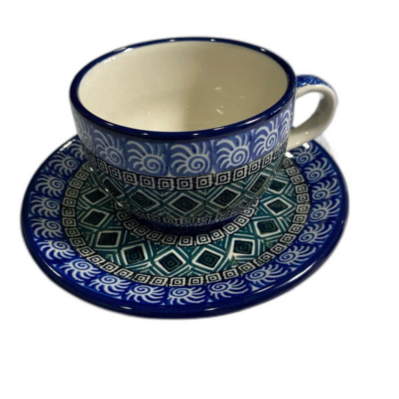 Polish Pottery Teacup and Saucer Hand Made Tea Pot with Lid Matching A.W-164 - Picture 2 of 12